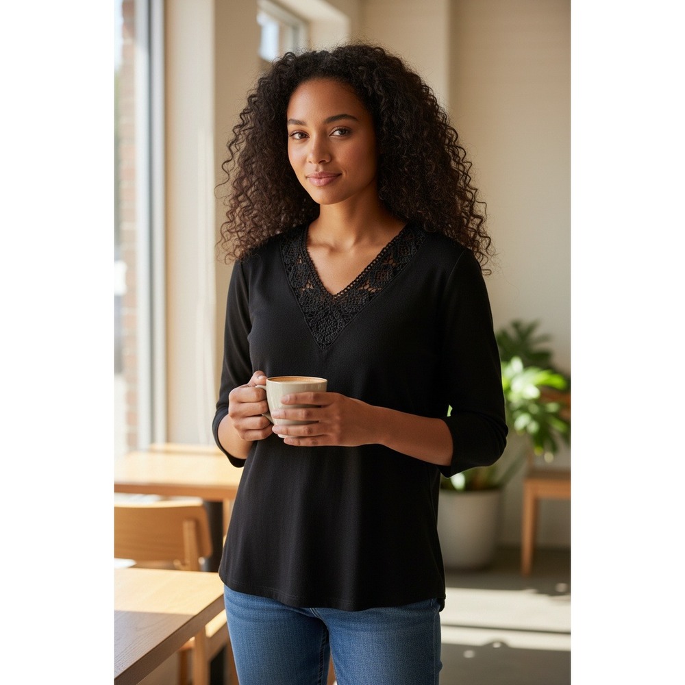 Coldwater Creek Black V-Neck 3/4 Sleeve Top Crochet Trim Women's‎ Size M